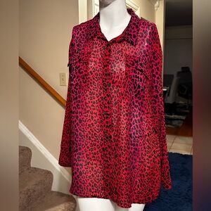 26/28- Lane Bryant - Pink Black Cheetah Print Button Up Long Sleeve Shirt